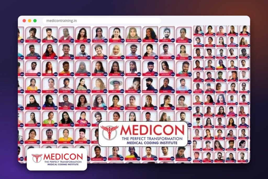 Medicon medical coding training website shown in a browser