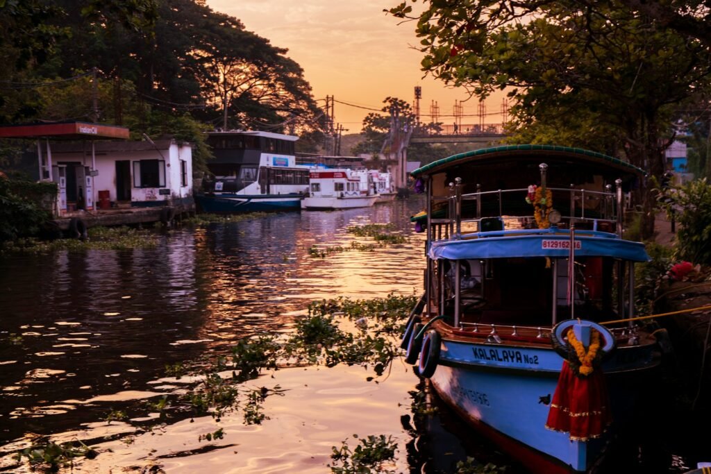 Boat on a wide river at sunset