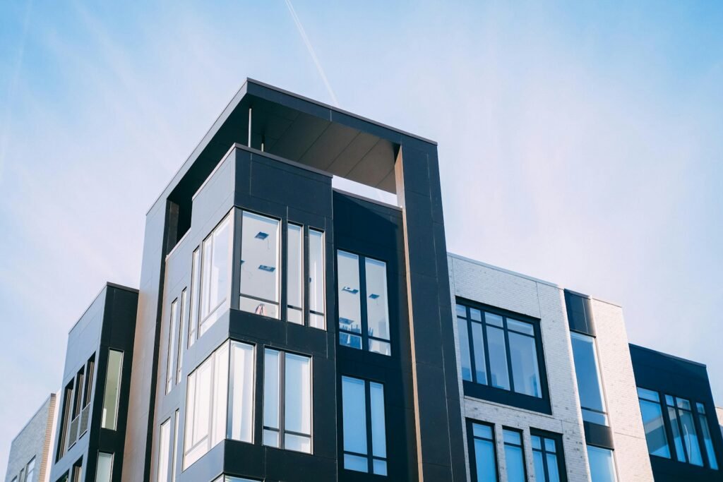 Modern apartment building seen from below